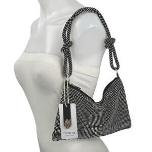 NEW Yuwita Black Rhinestone Knotted ZipHobo Evening Shoulder Strap Handbag OS